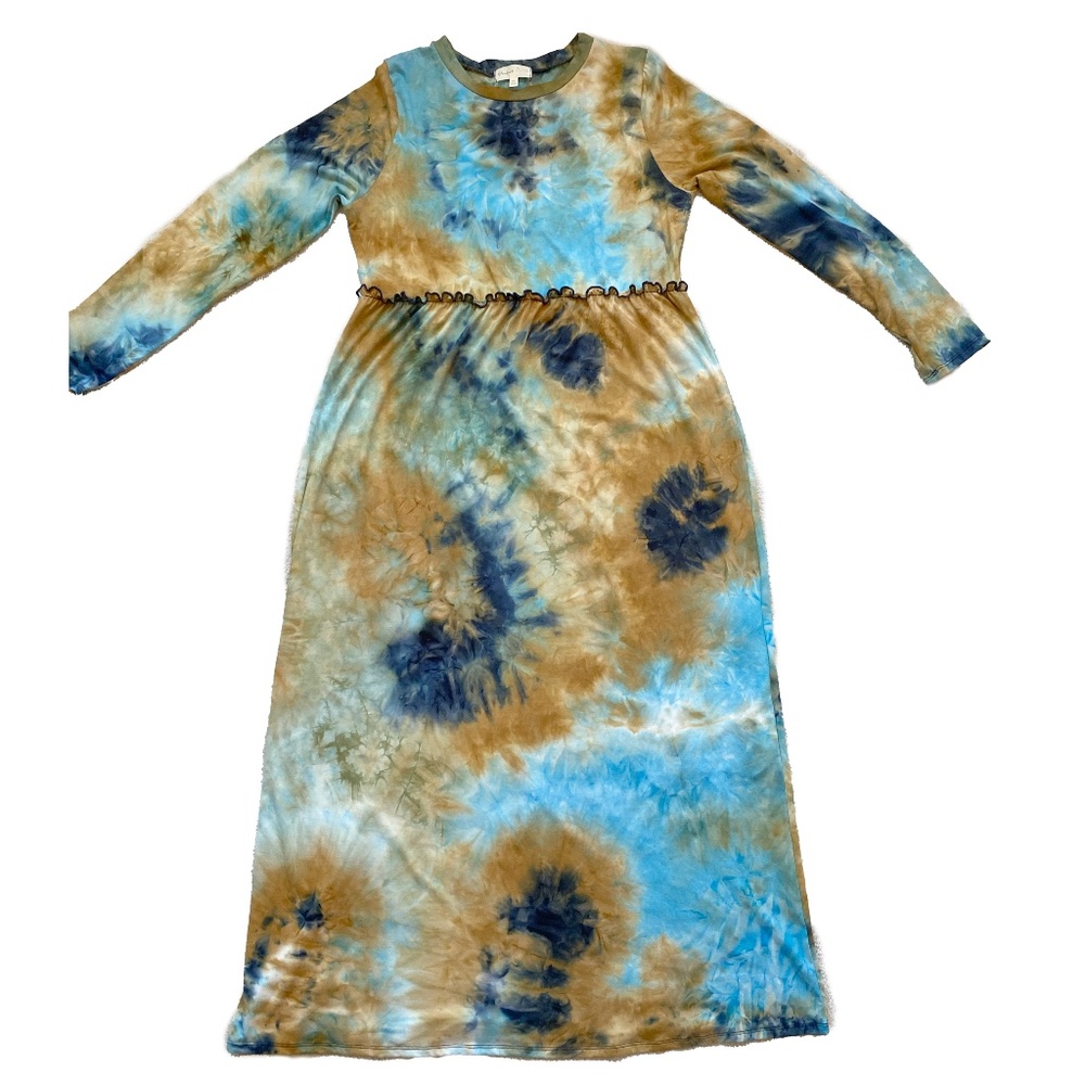 PERFECT PEACH Tie Dyed Long Sleeve Maxi Dress, Blue Brown, XL Ruffled Waist